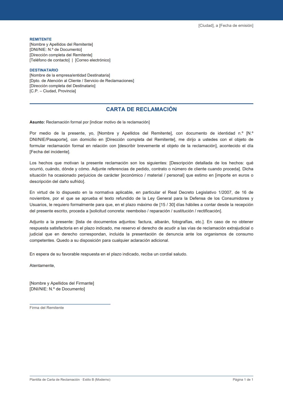 Plantilla de carta de reclamación general estilo moderno con cabecera azul A4