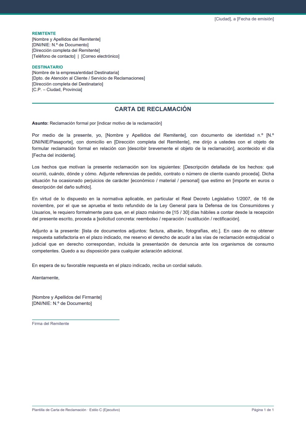 Plantilla de carta de reclamación general estilo ejecutivo bicolor A4