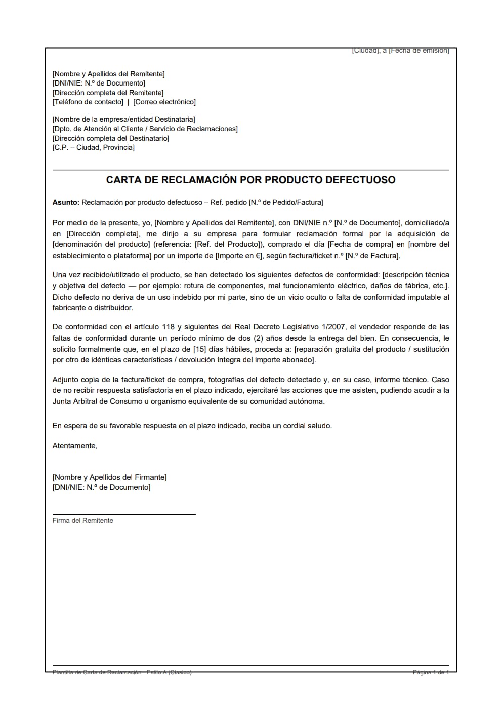 Plantilla carta reclamación producto defectuoso estilo clásico con referencia de garantía legal