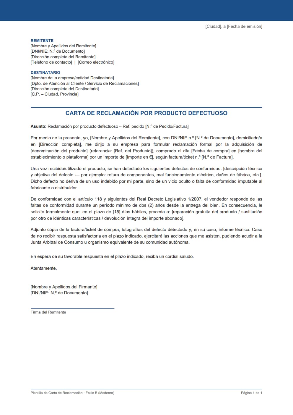 Plantilla carta reclamación producto defectuoso estilo moderno azul para reparación o sustitución