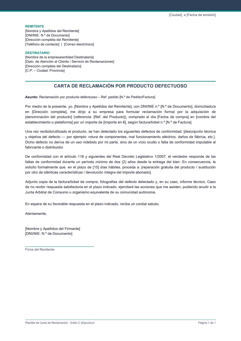 Plantilla carta reclamación producto defectuoso estilo ejecutivo para devolución del importe