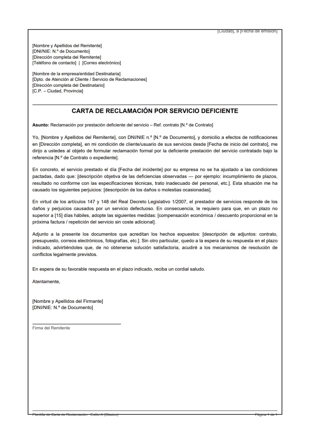 Plantilla carta reclamación servicio deficiente estilo clásico con descripción de deficiencias y compensación