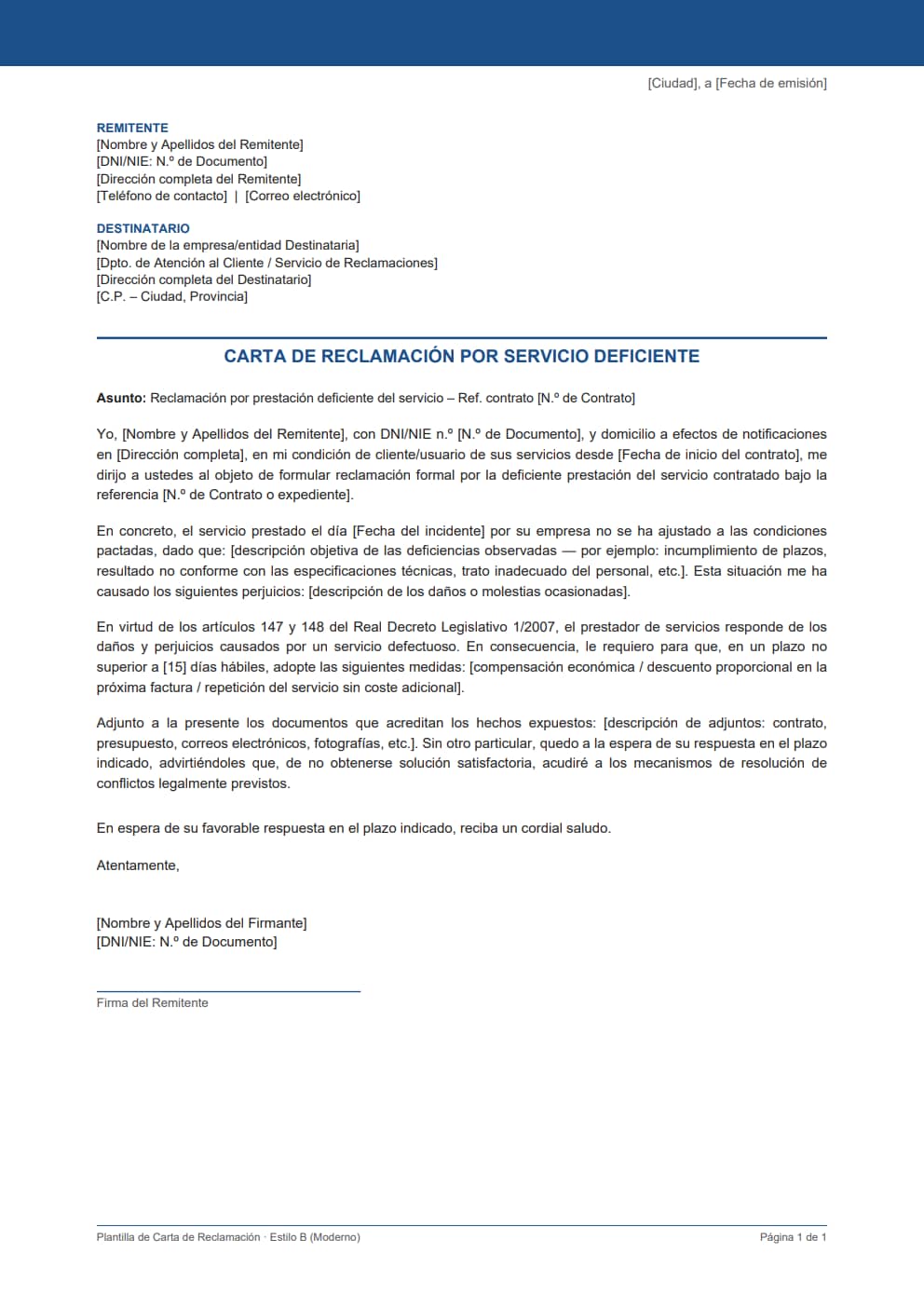 Plantilla carta reclamación servicio deficiente estilo moderno azul para descuento en factura