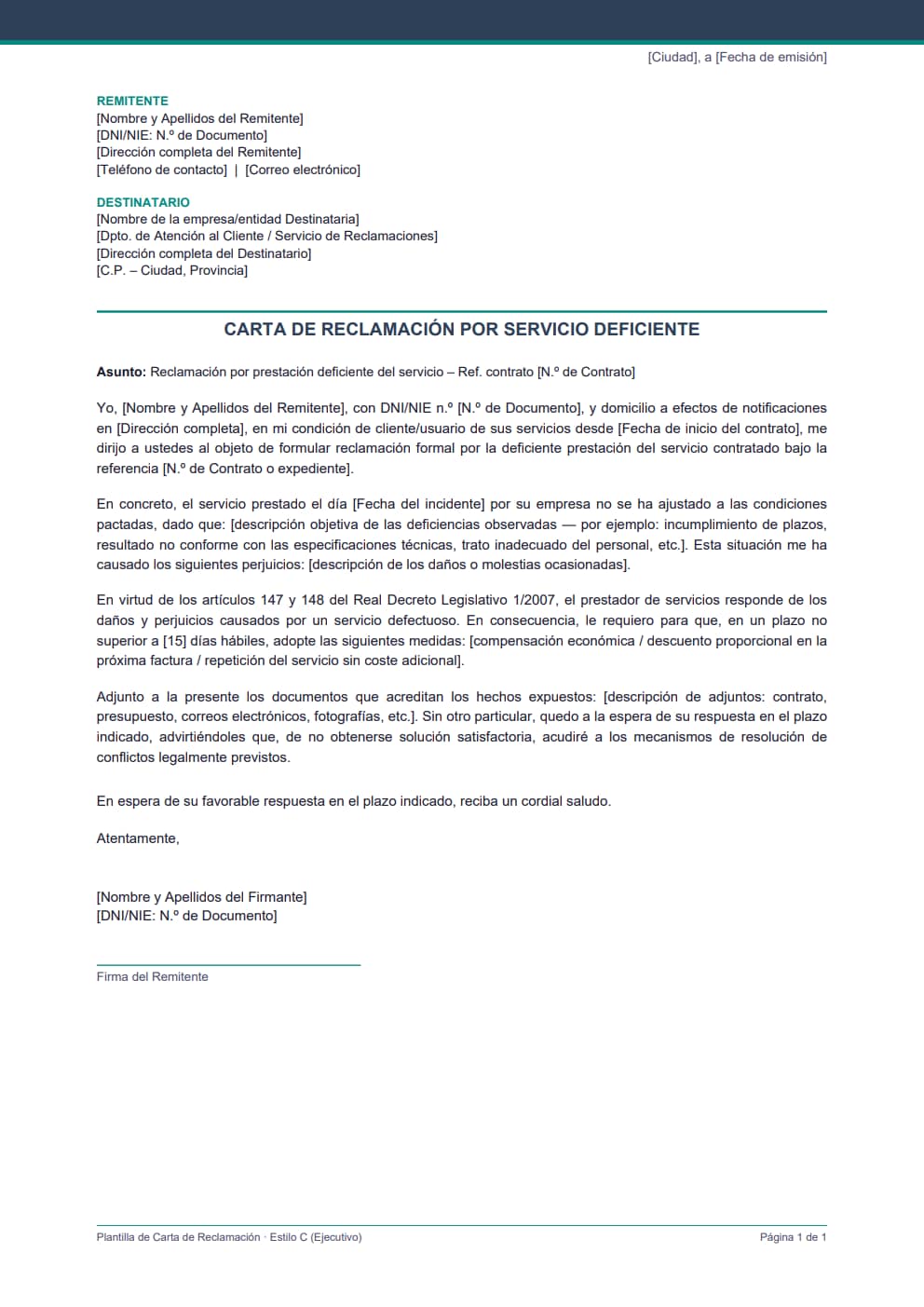 Plantilla carta reclamación servicio deficiente estilo ejecutivo para repetición del servicio sin coste