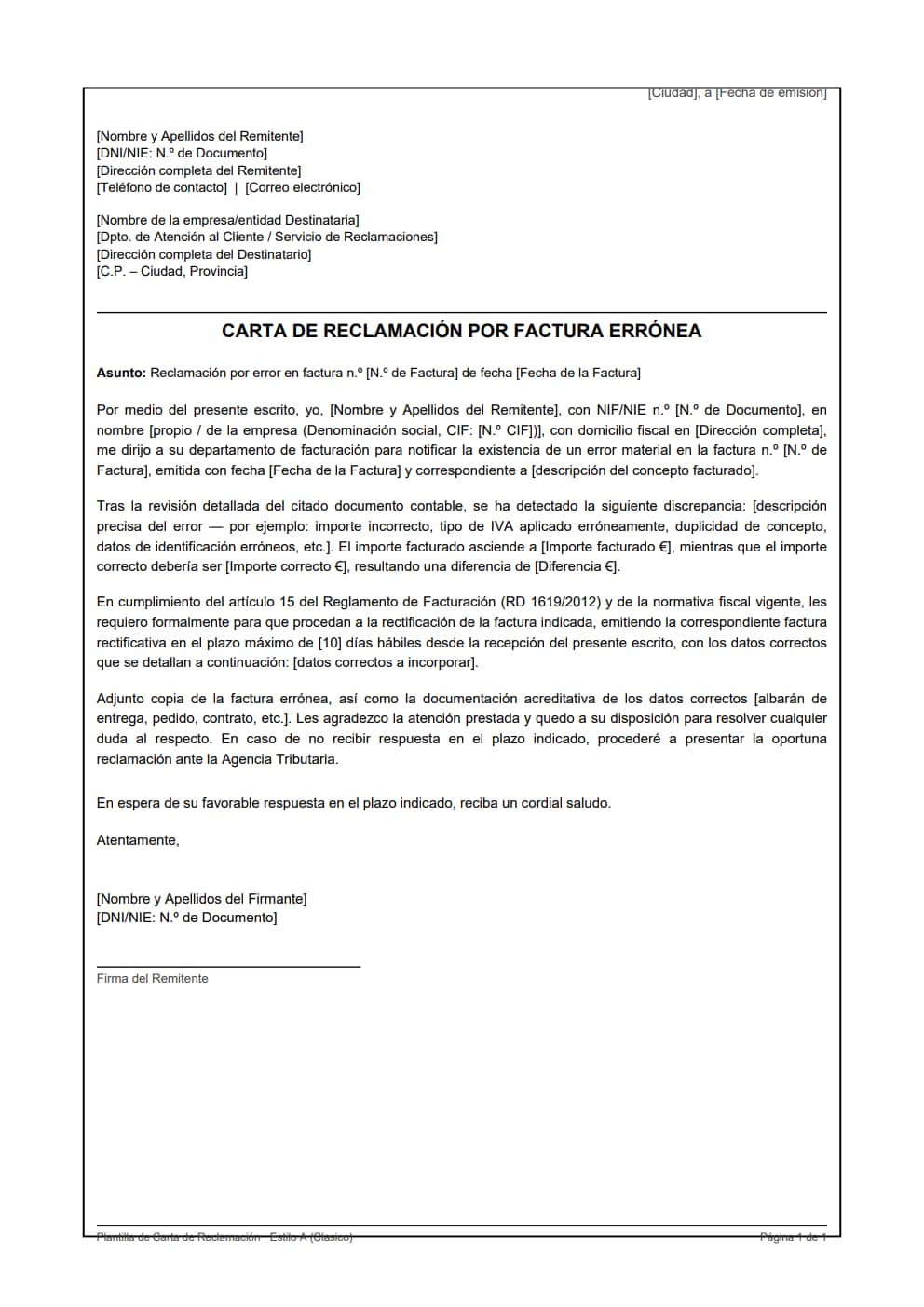 Plantilla carta reclamación factura errónea estilo clásico con solicitud de factura rectificativa