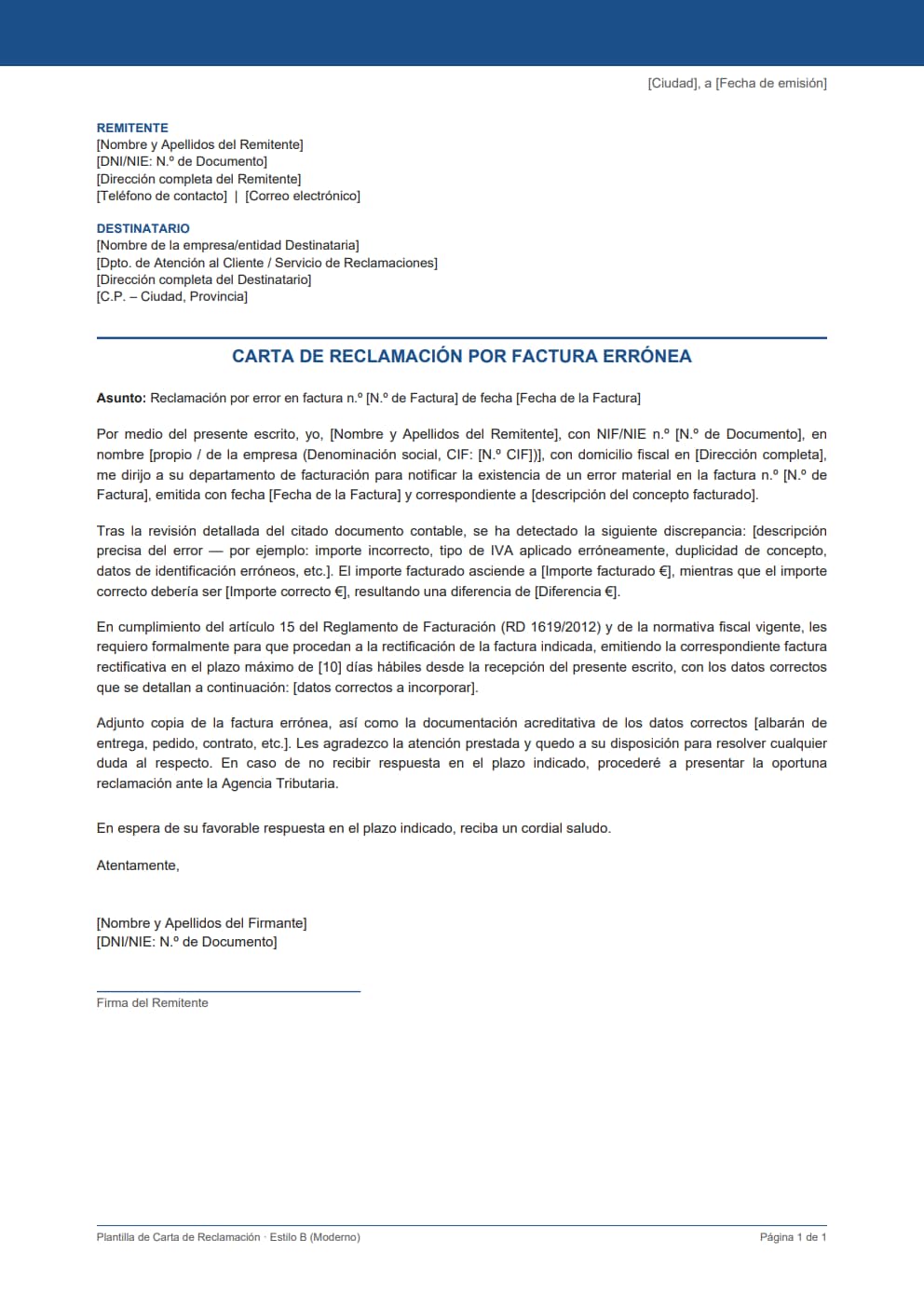 Plantilla carta reclamación factura errónea estilo moderno azul con ajuste de importe e IVA