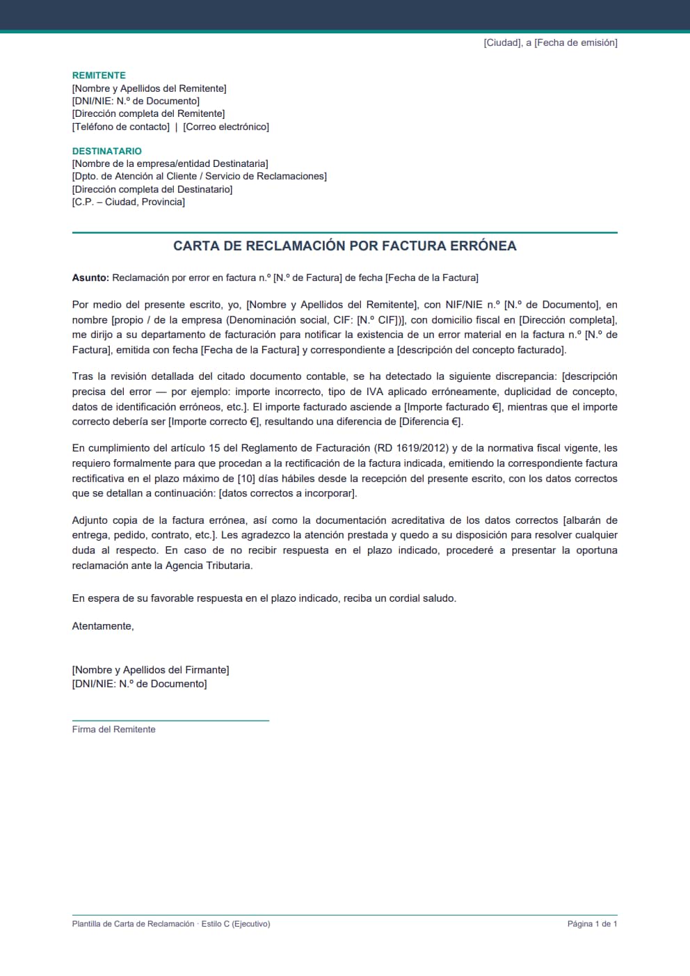 Plantilla carta reclamación factura errónea estilo ejecutivo para autónomos y empresas