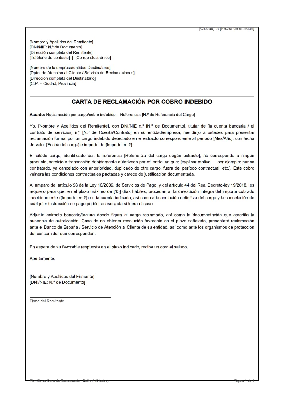 Plantilla carta reclamación cobro indebido estilo clásico con solicitud de reembolso y anulación de cargo