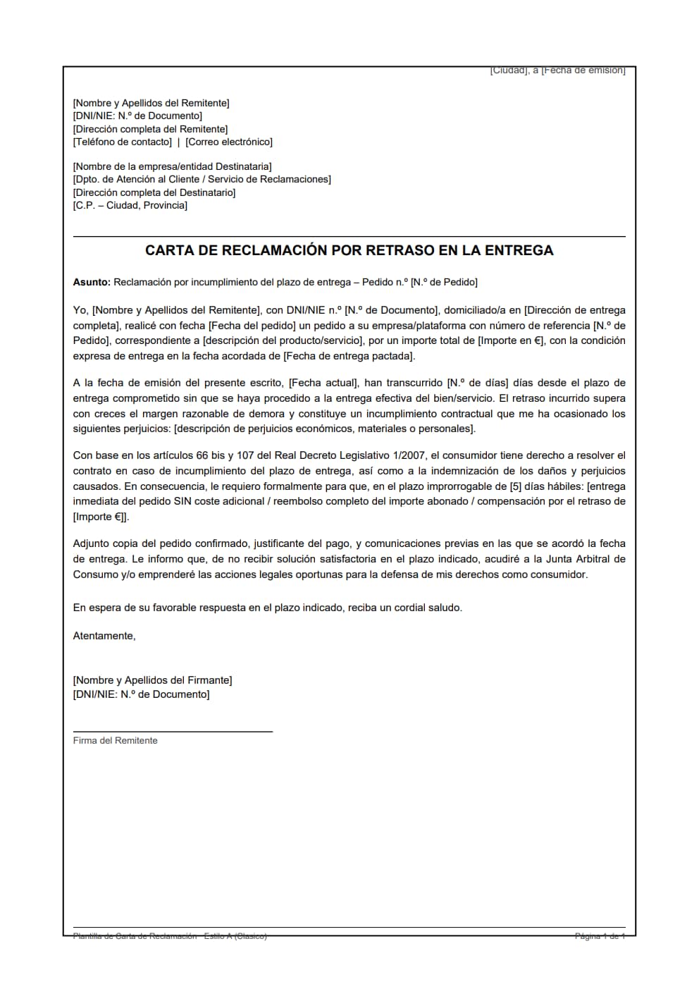 Plantilla carta reclamación retraso en la entrega estilo clásico con resolución de contrato y devolución