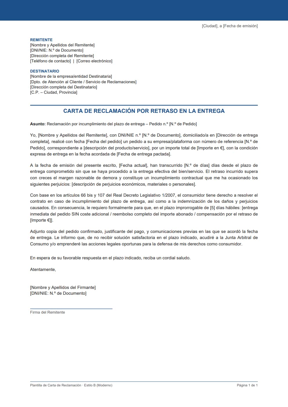 Plantilla carta reclamación retraso en la entrega estilo moderno azul para tienda online