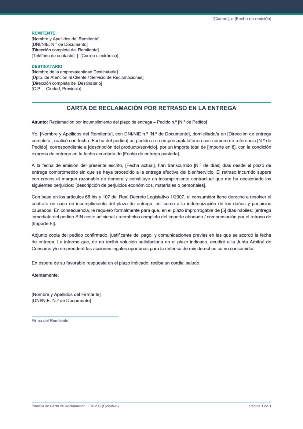 Plantilla carta reclamación retraso entrega estilo ejecutivo con compensación por demora logística