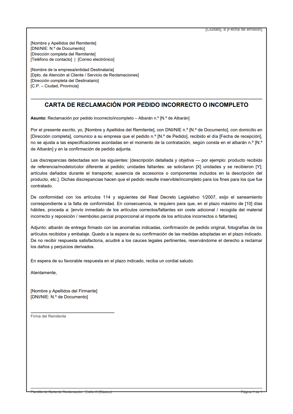 Plantilla carta reclamación pedido incorrecto o incompleto estilo clásico con descripción de discrepancias