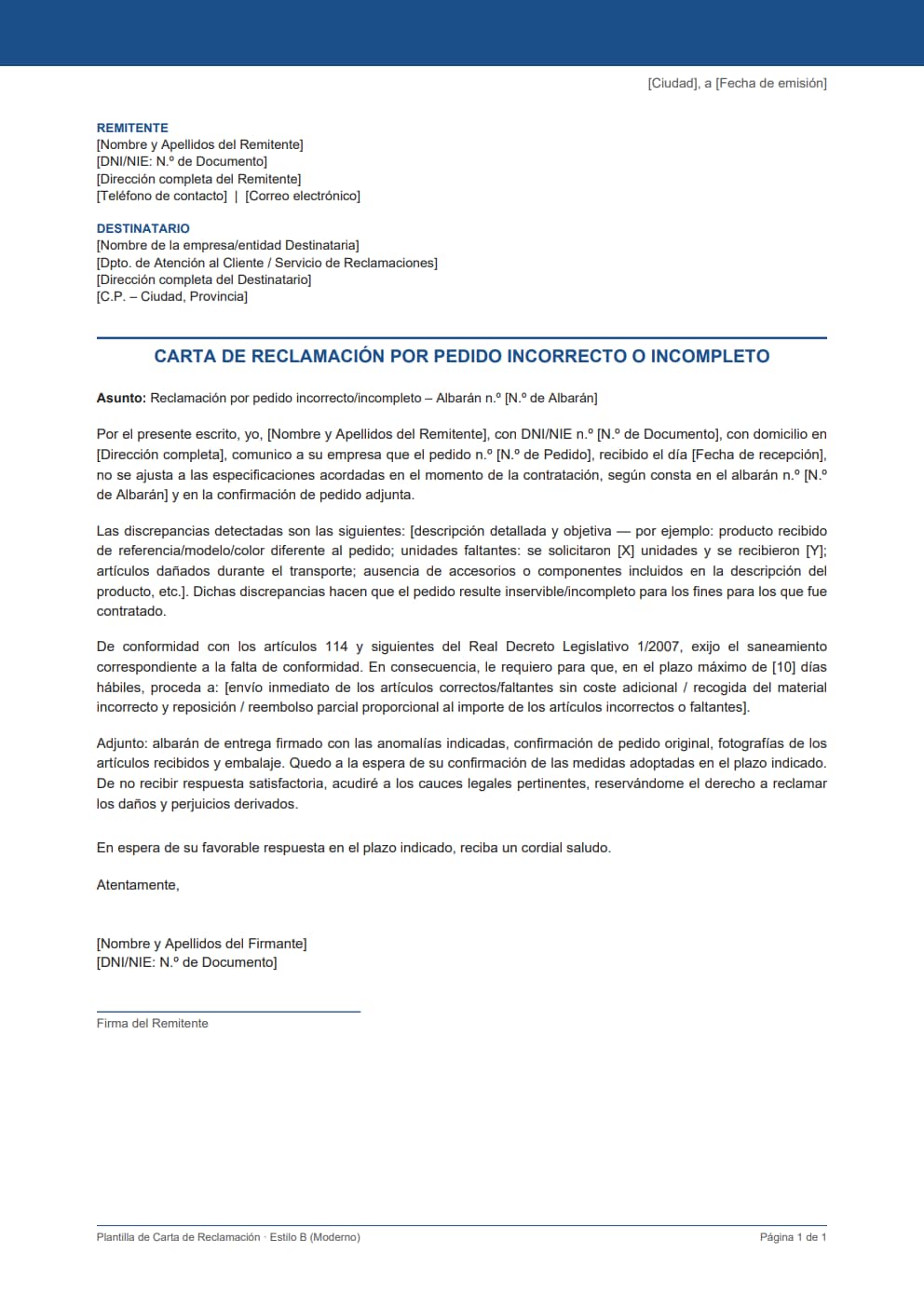 Plantilla carta reclamación pedido incorrecto estilo moderno azul con referencia de albarán y artículos