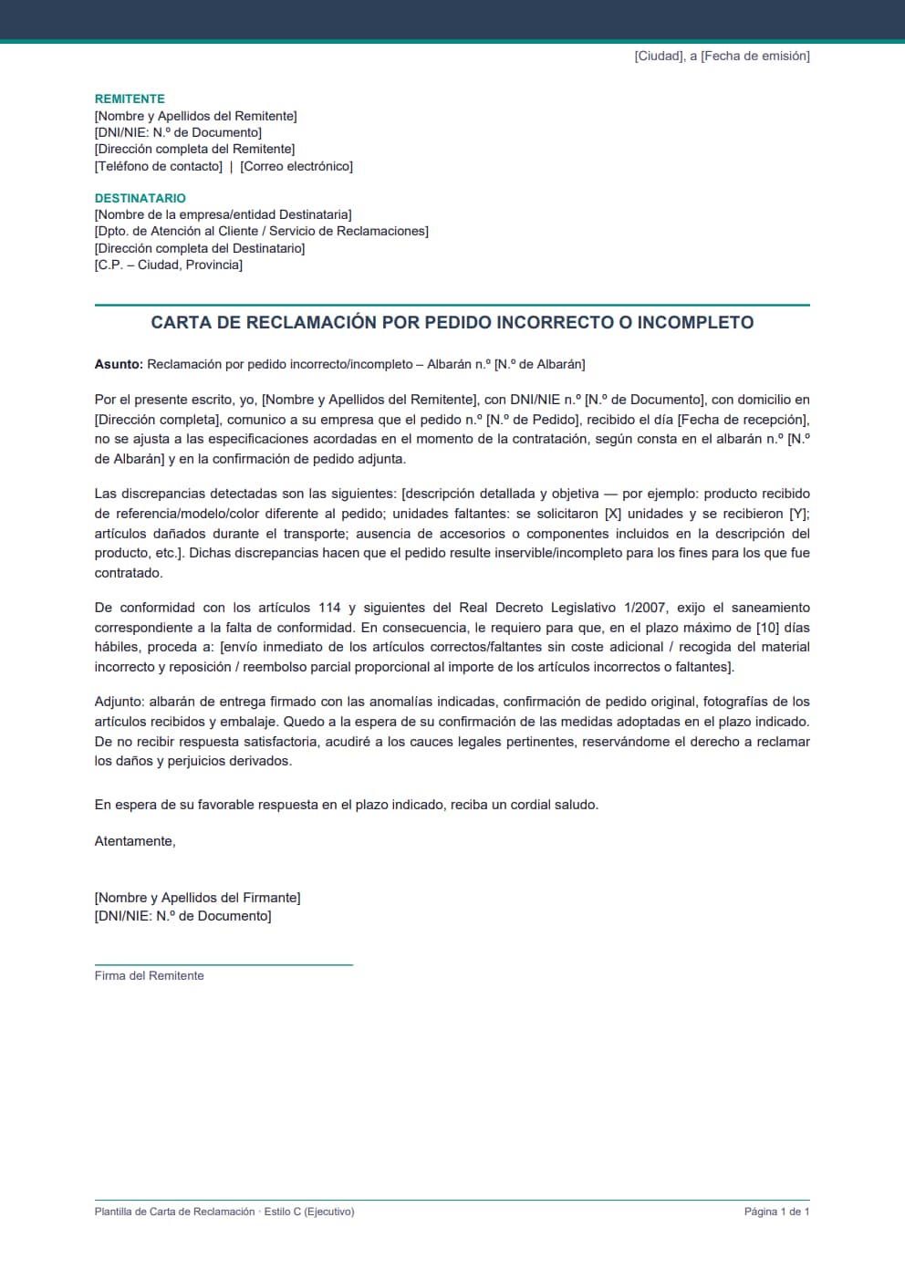 Plantilla carta reclamación pedido incompleto estilo ejecutivo con reembolso parcial proporcional