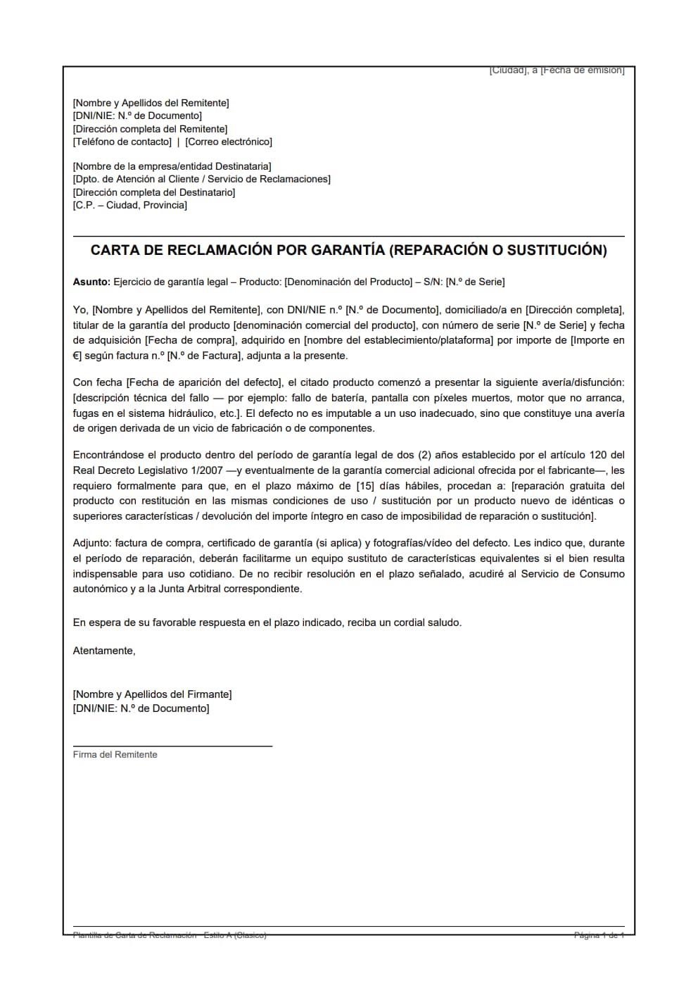 Plantilla carta reclamación garantía y reparación estilo clásico con número de serie y descripción de avería
