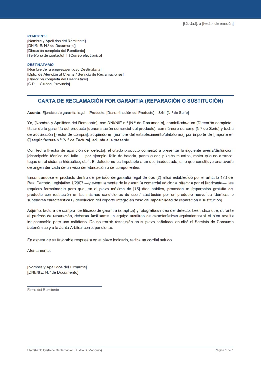 Plantilla carta reclamación garantía legal estilo moderno azul con referencia al artículo 120 RDL 1/2007