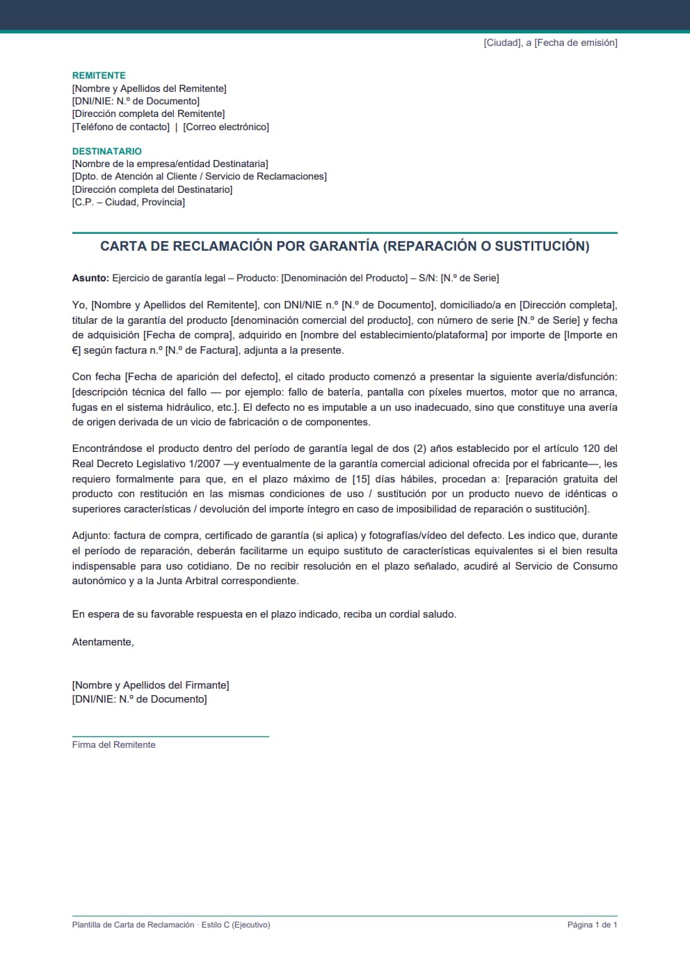 Plantilla carta reclamación garantía estilo ejecutivo para servicio técnico con devolución de precio