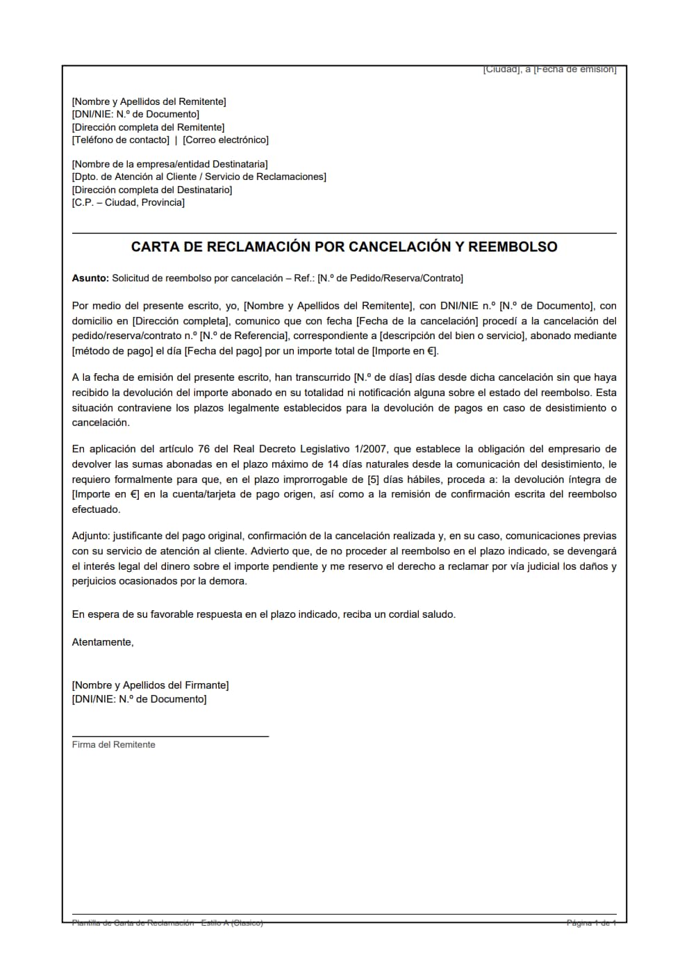 Plantilla carta reclamación cancelación y reembolso estilo clásico con interés legal por demora