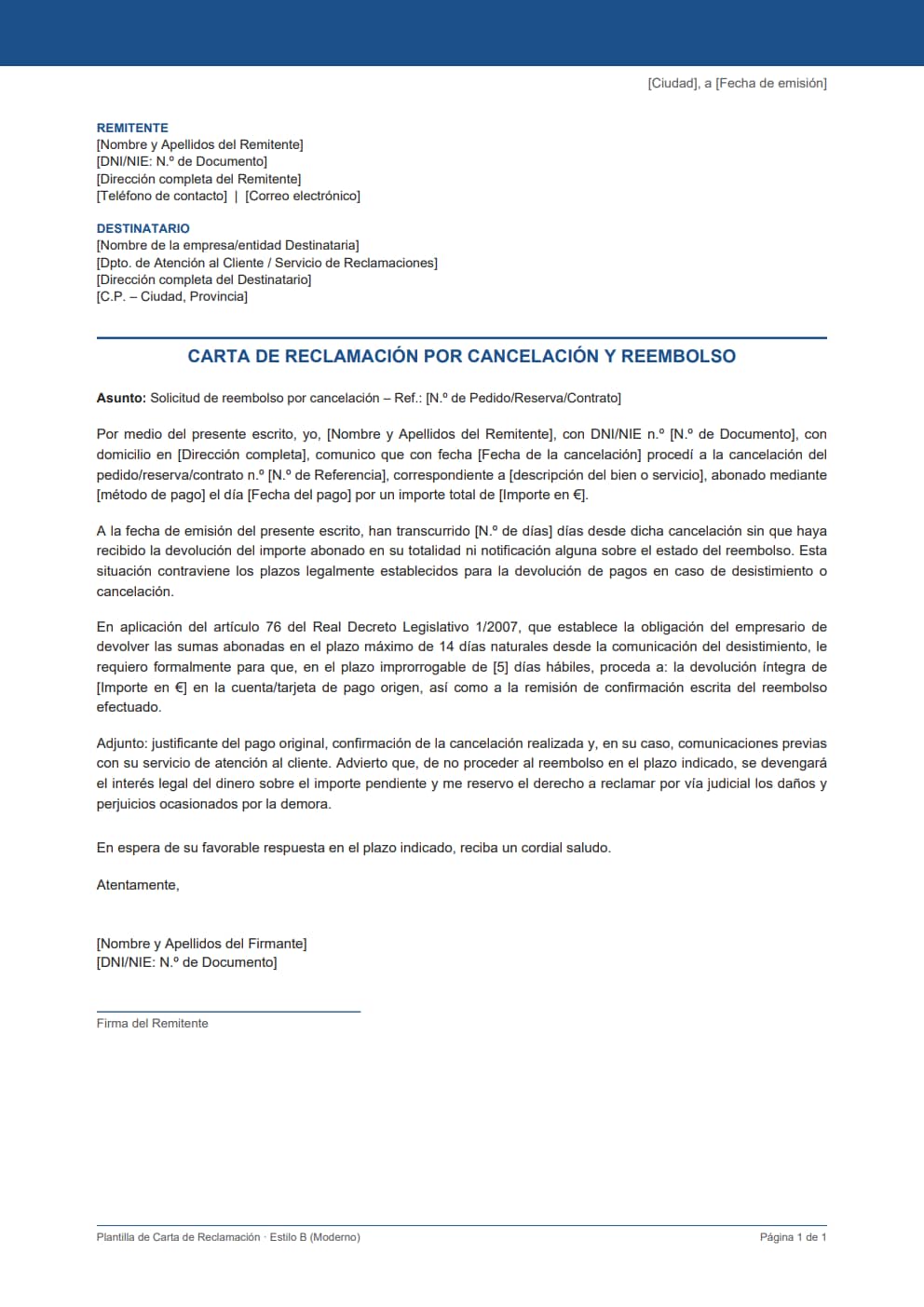 Plantilla carta reclamación reembolso cancelación estilo moderno azul para viajes o reservas online
