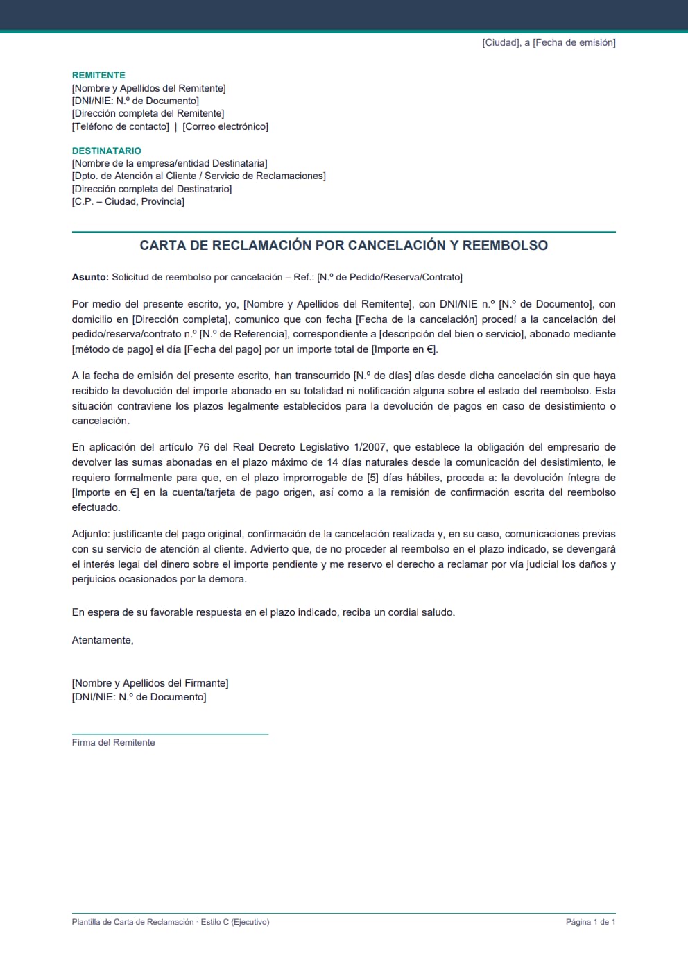 Plantilla carta reclamación cancelación reembolso estilo ejecutivo con confirmación escrita del reintegro