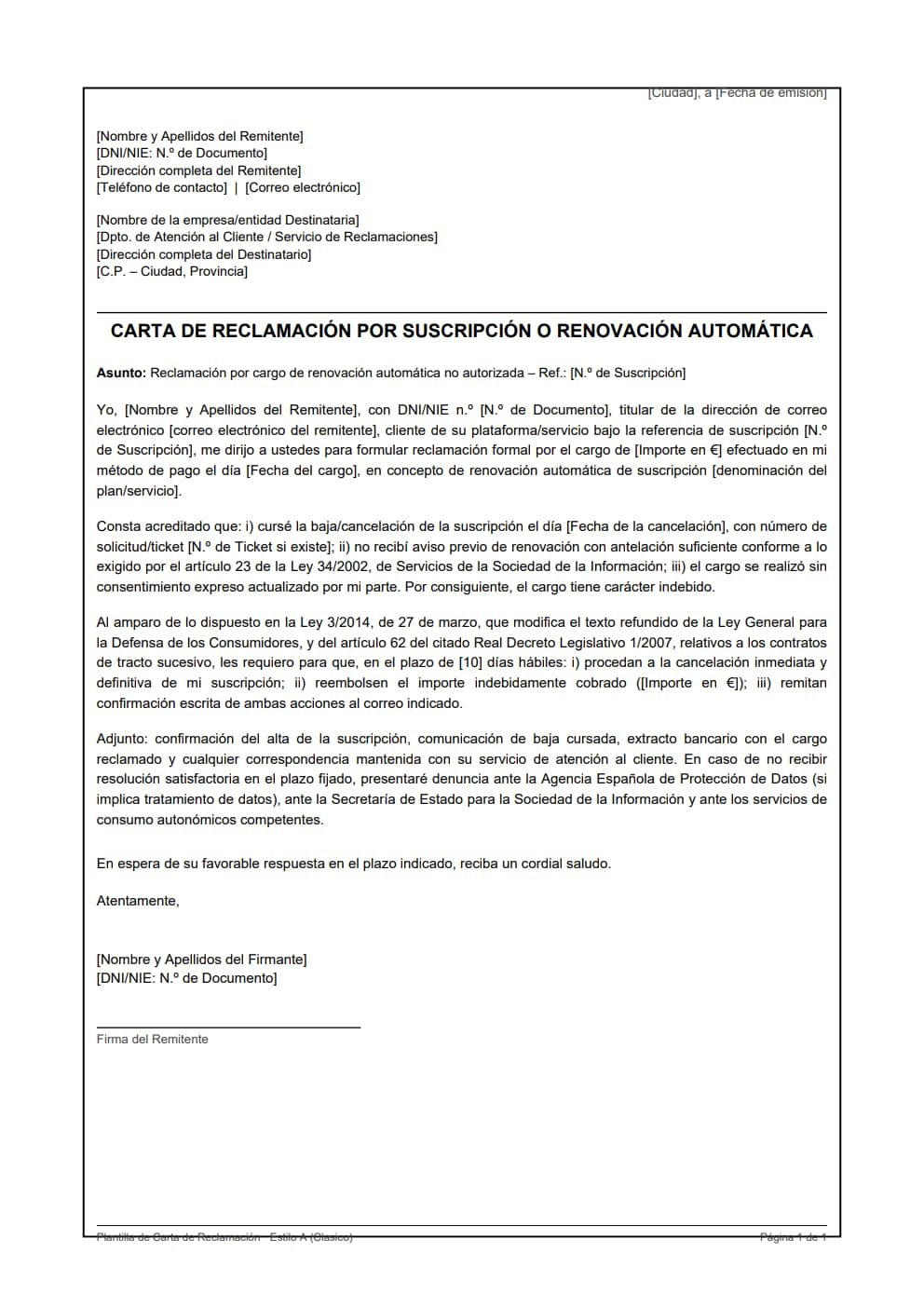 Plantilla carta reclamación suscripción renovación automática estilo clásico con cancelación y reembolso