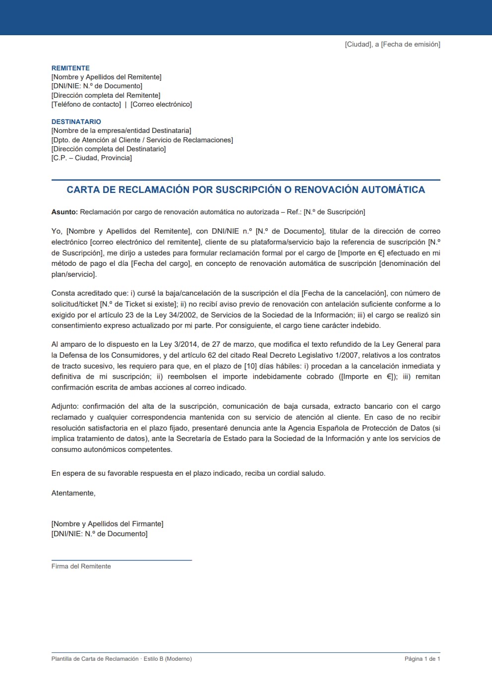 Plantilla carta reclamación renovación automática estilo moderno azul para plataformas digitales y streaming