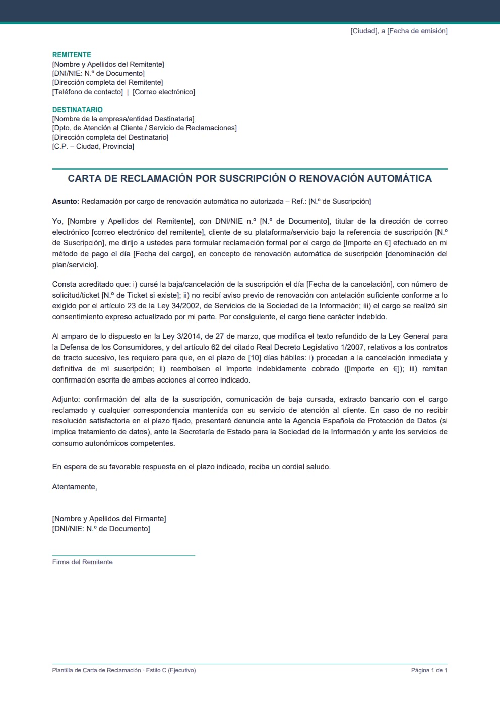Plantilla carta reclamación suscripción no autorizada estilo ejecutivo con denuncia AEPD y confirmación escrita
