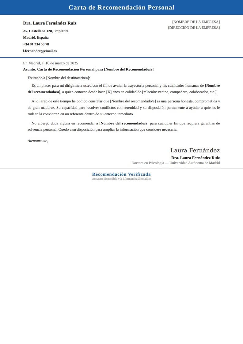 Plantilla clásica de carta de recomendación personal con cabecera azul y tipografía serif formal