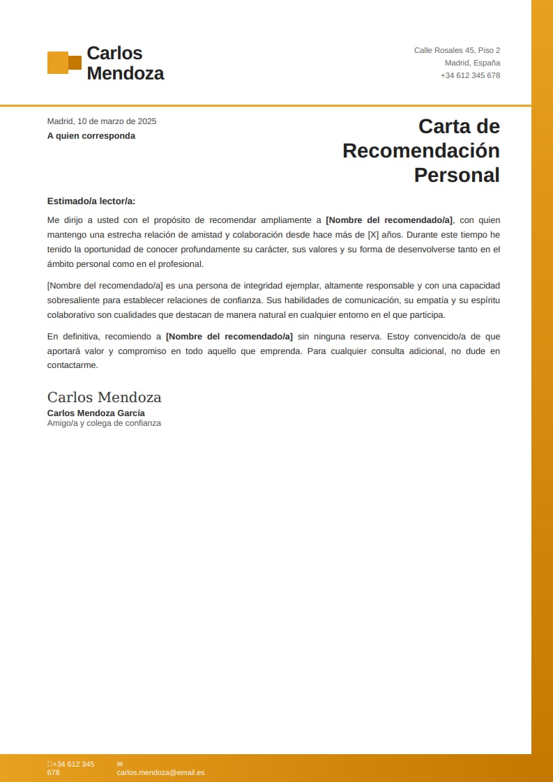 Plantilla de carta de recomendación personal estilo corporativo con cabecera dorada y pie de contacto