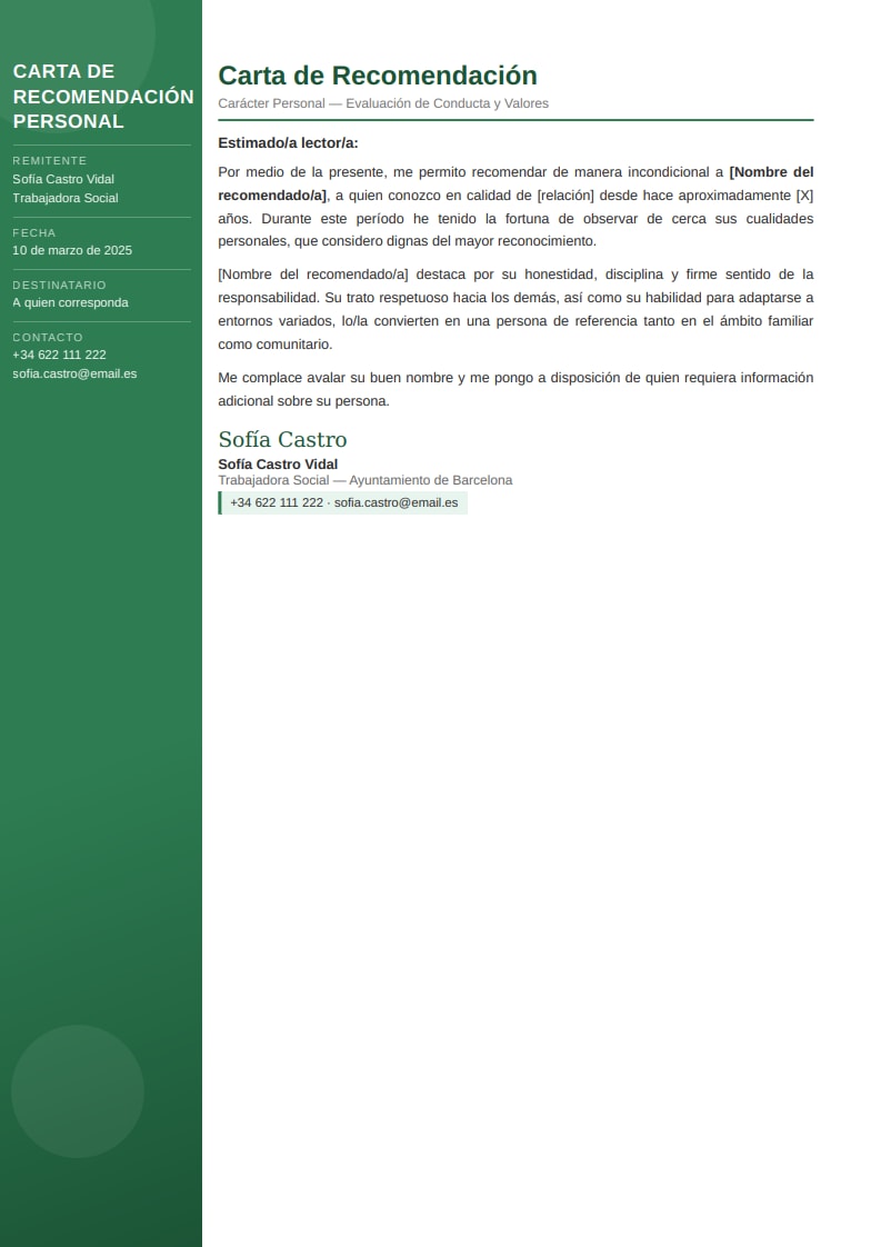 Plantilla moderna de carta de recomendación personal con panel lateral verde y diseño bicolor contemporáneo