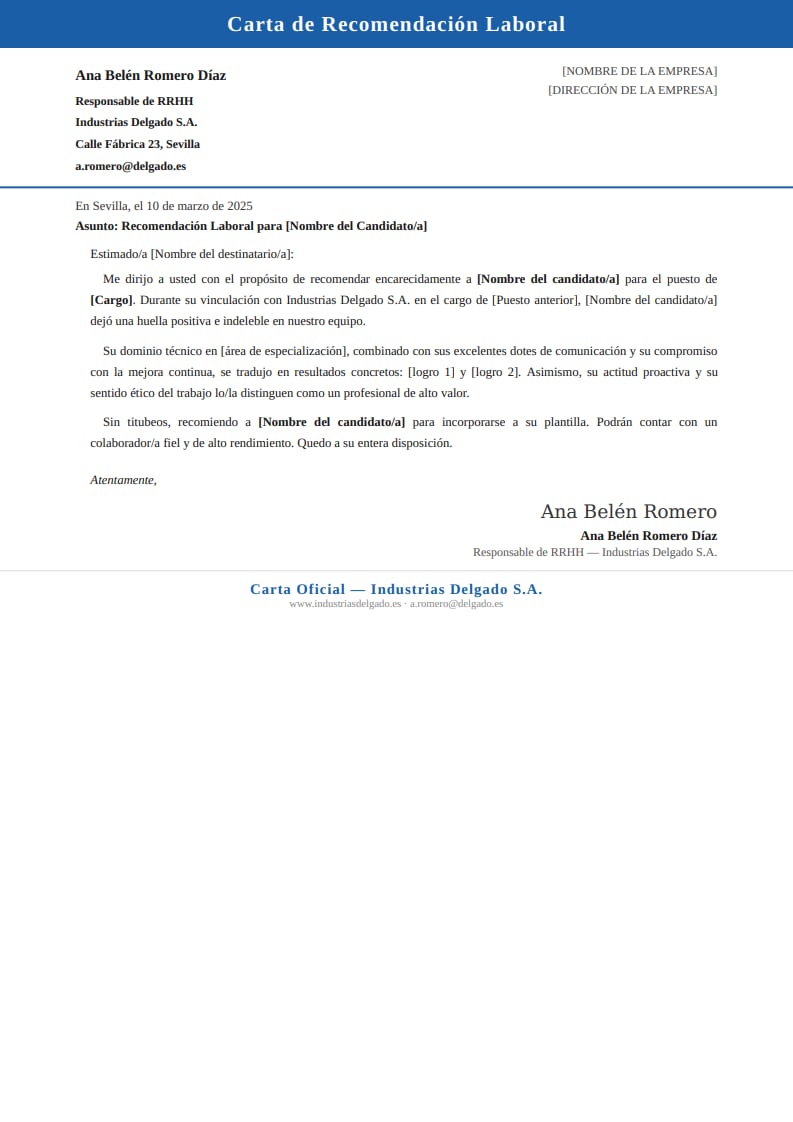 Plantilla clásica de carta de recomendación laboral con cabecera azul y datos a dos columnas para grandes empresas