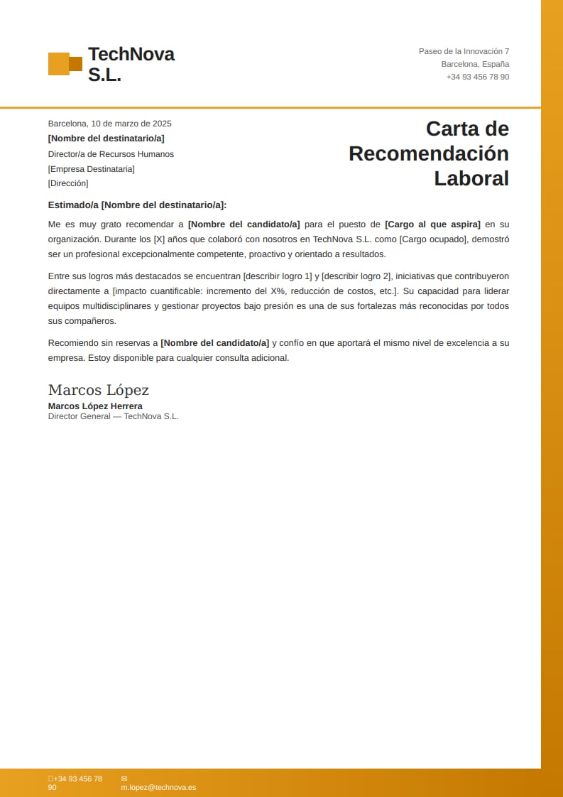 Plantilla corporativa de carta de recomendación laboral con membrete dorado y logros cuantificables del candidato