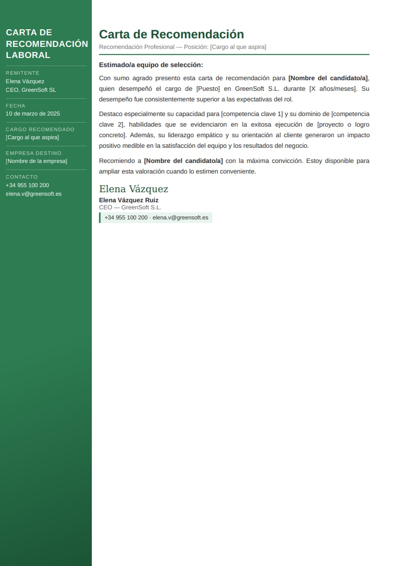 Plantilla moderna de carta de recomendación laboral con panel lateral verde para startups y empresas tecnológicas