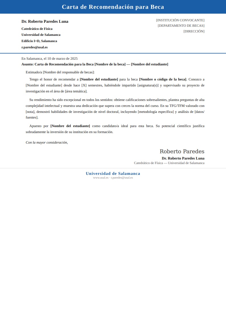Plantilla clásica de carta de recomendación para beca con cabecera azul institucional y firma de catedrático