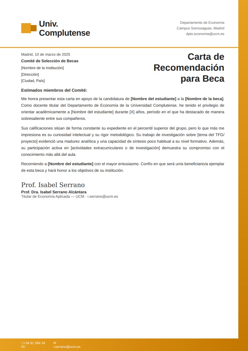 Plantilla corporativa de carta de recomendación para beca con membrete universitario dorado y méritos del estudiante