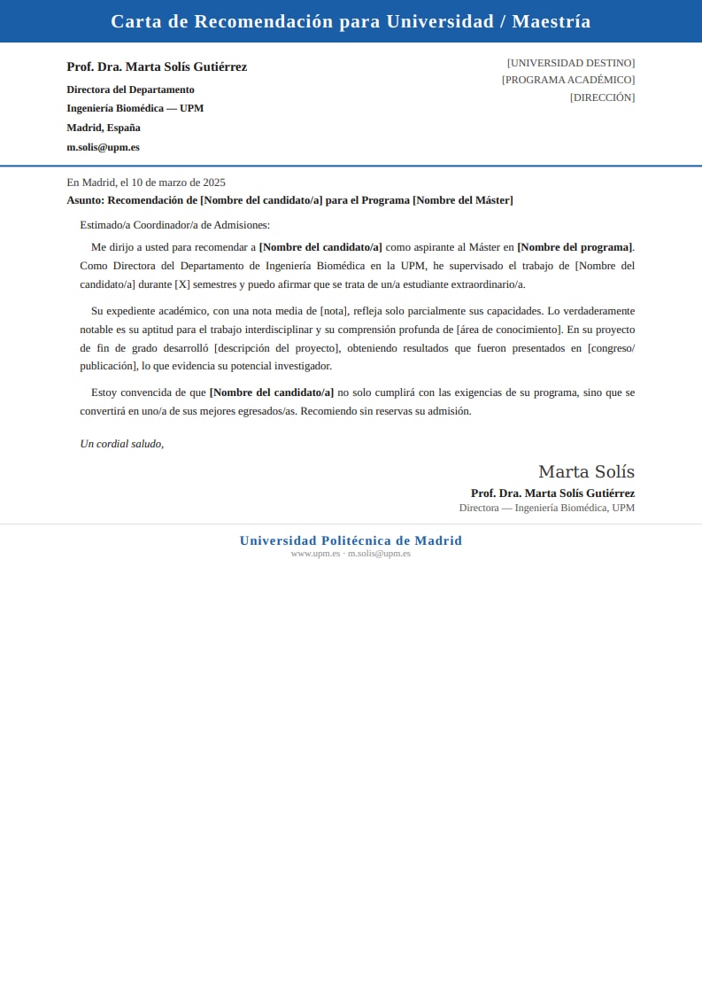 Plantilla clásica de carta de recomendación para universidad con cabecera azul y asunto con nombre del programa académico