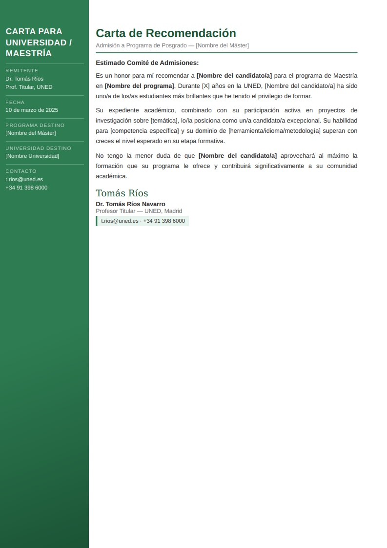 Plantilla moderna de carta de recomendación para máster con sidebar verde y programa de admisión etiquetado en panel lateral