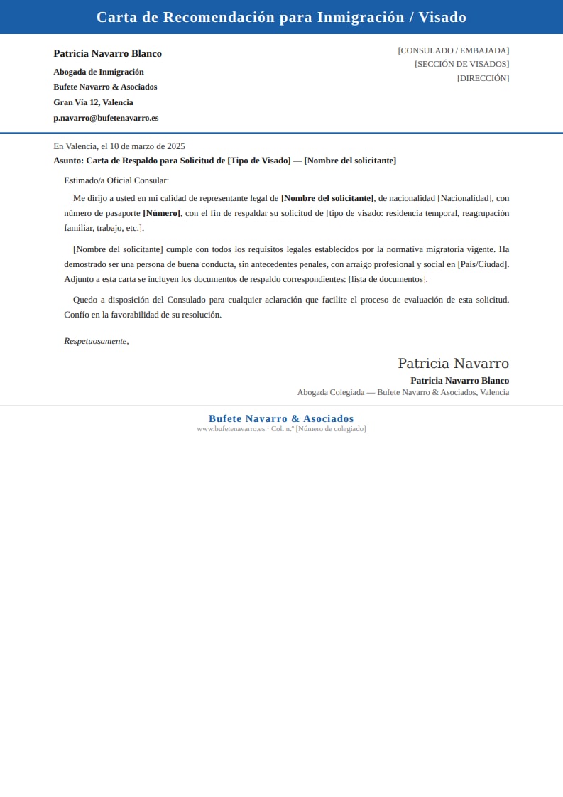 Plantilla clásica de carta de recomendación para inmigración emitida por abogado con cabecera azul y lenguaje jurídico formal