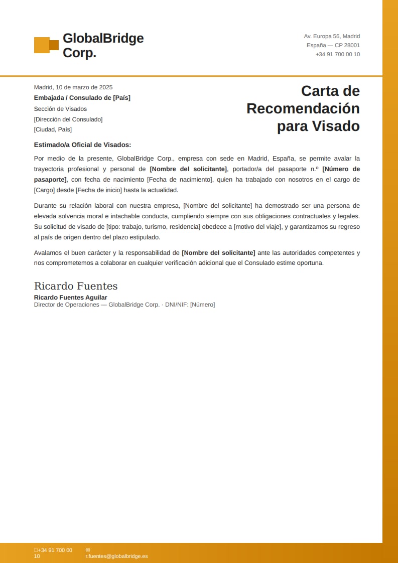 Plantilla corporativa de carta de recomendación para visado con membrete de empresa, número de pasaporte y compromiso de retorno