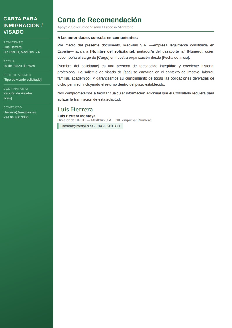 Plantilla moderna de carta de recomendación para visado con panel lateral verde y tipo de visado etiquetado para tramitación digital