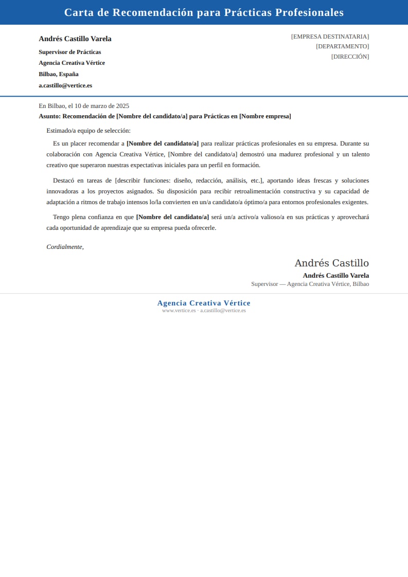 Plantilla clásica de carta de recomendación para prácticas con encabezado azul formal y descripción de funciones del candidato