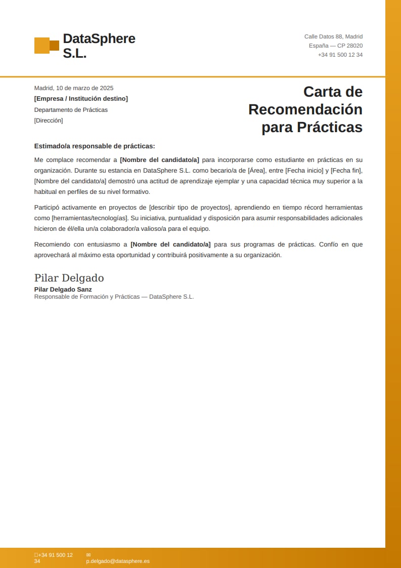Plantilla corporativa de carta de recomendación para prácticas con membrete dorado y descripción de proyectos realizados por el becario
