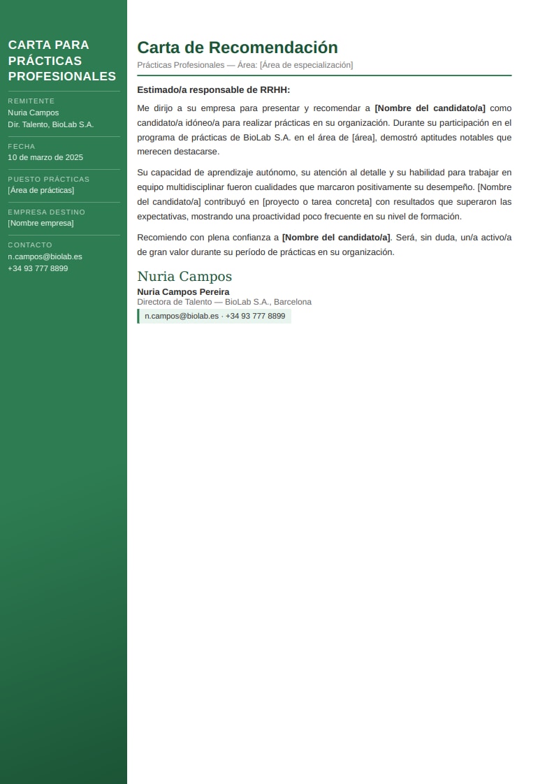 Plantilla moderna de carta de recomendación para prácticas con sidebar verde y área de especialización del becario destacada
