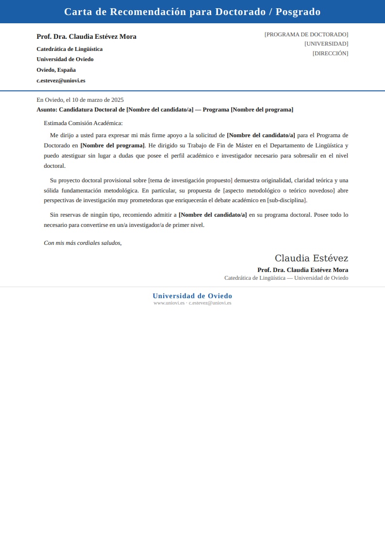 Plantilla clásica de carta de recomendación para doctorado con cabecera azul universitaria y lenguaje académico especializado