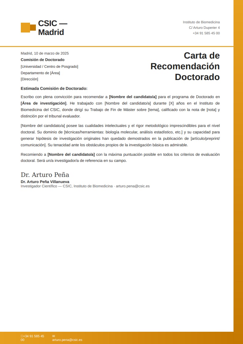 Plantilla corporativa de carta de recomendación para doctorado con membrete de centro de investigación y cita de publicaciones científicas