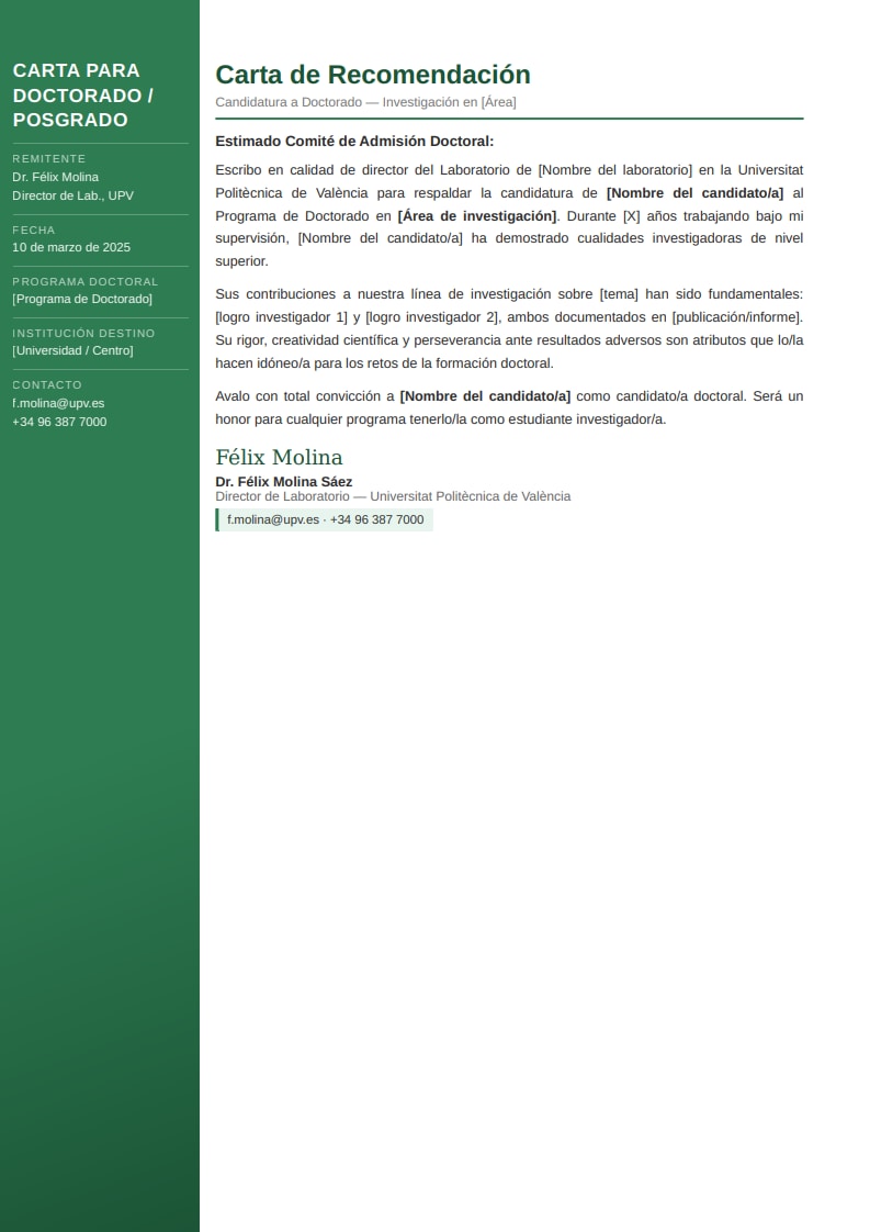 Plantilla moderna de carta de recomendación para doctorado con sidebar verde y área de investigación especializada etiquetada