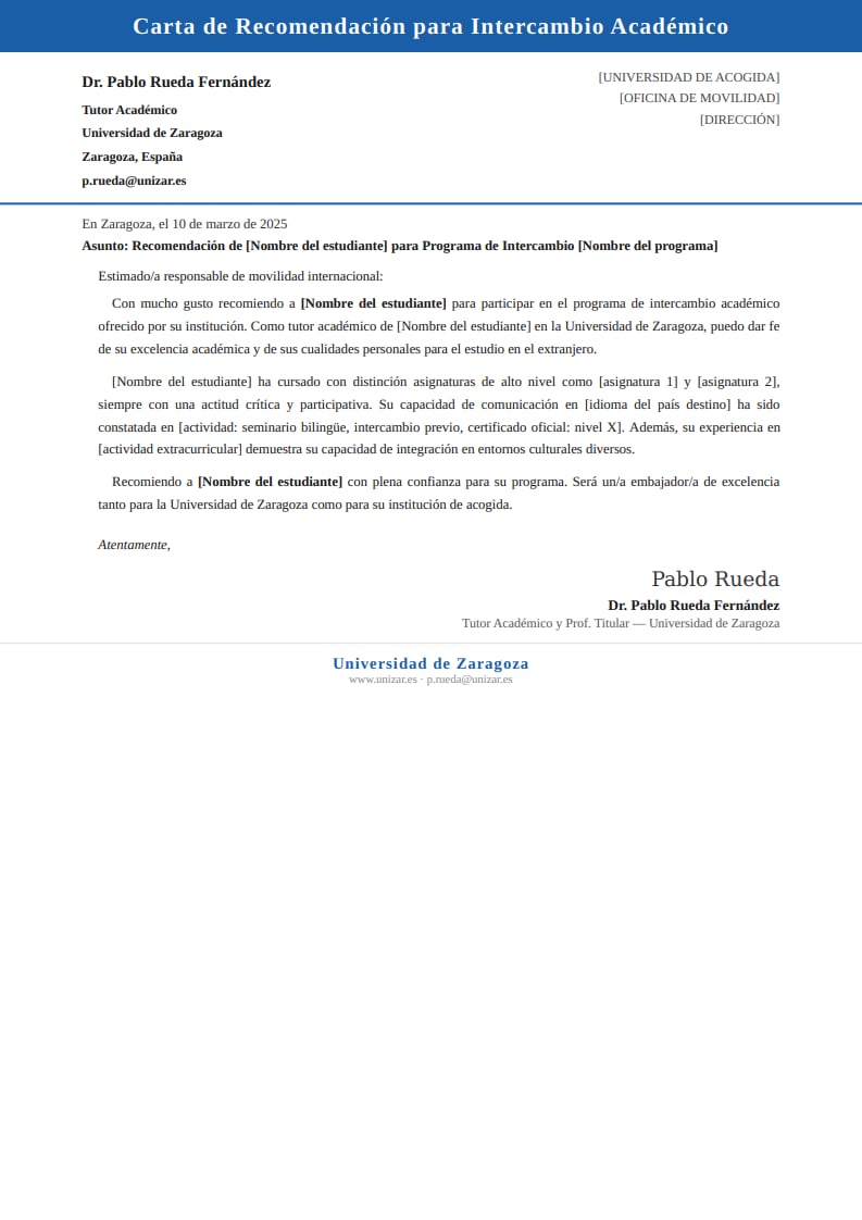 Plantilla clásica de carta de recomendación para intercambio académico con encabezado azul y datos del tutor universitario a dos columnas