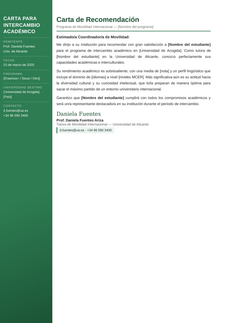 Plantilla moderna de carta de recomendación para intercambio con panel lateral verde y datos del programa de movilidad internacional etiquetados