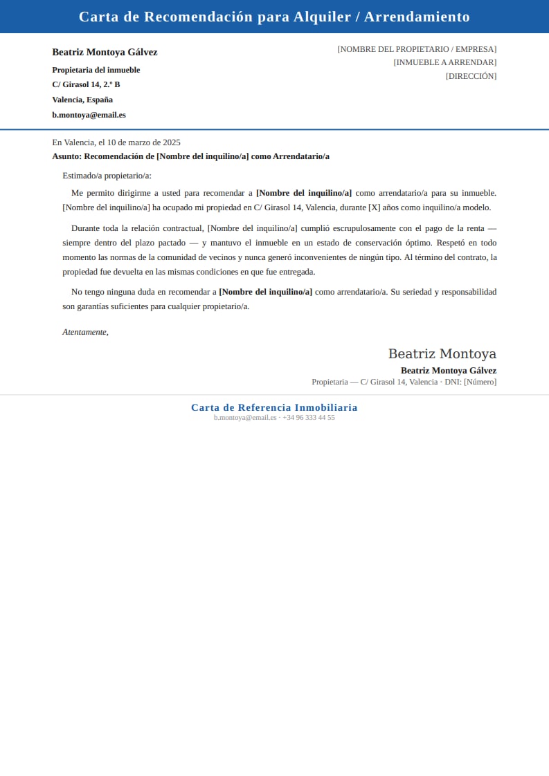 Plantilla clásica de carta de recomendación para arrendamiento entre particulares con cabecera azul y testimonio del propietario anterior