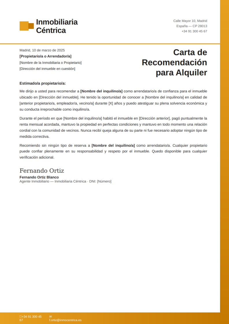 Plantilla corporativa de carta de recomendación para alquiler con membrete de agencia inmobiliaria y confirmación de pagos puntuales